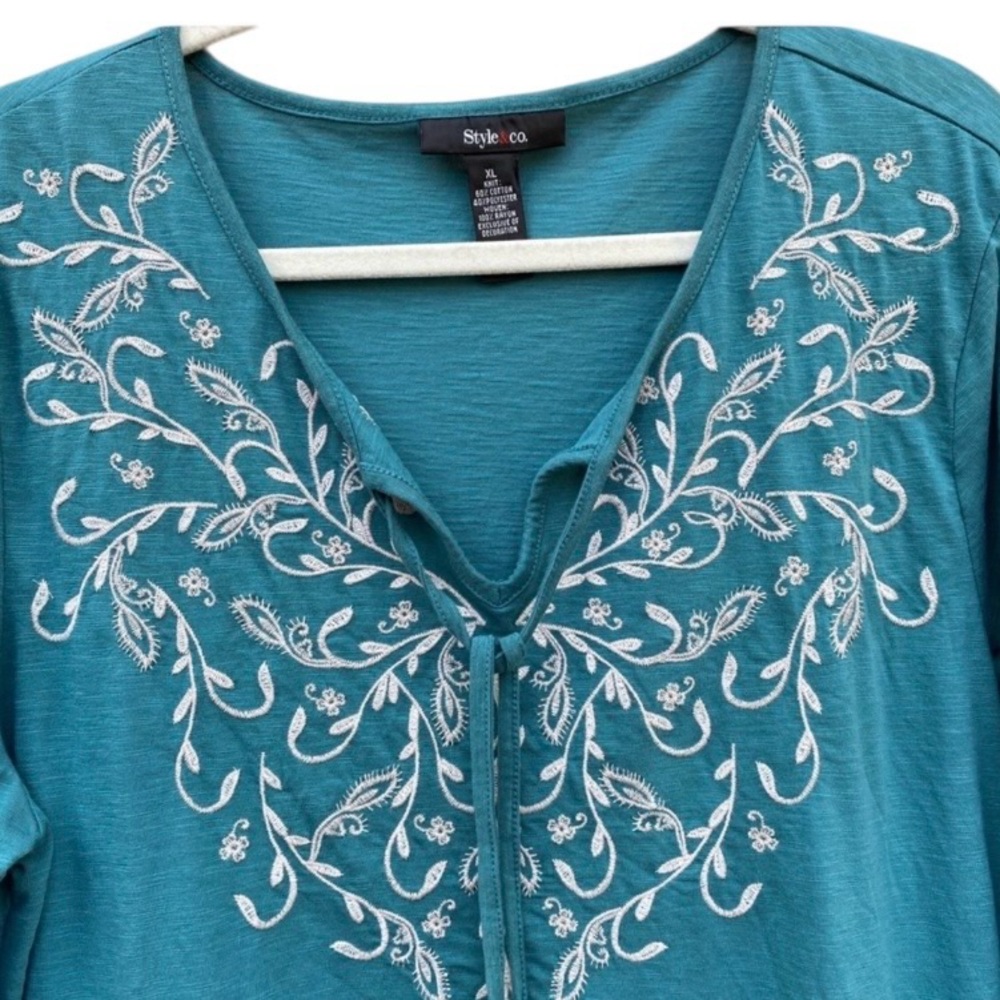 Style & Co Flounce Hem Peasant Top in Delilah Green Size XL - Picture 2 of 7